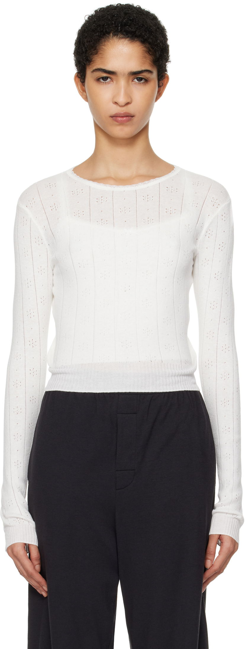 Pleteni pulover SKIMS SKIMS Pointelle Long Sleeve Top Bela | LS-LST-6484W
