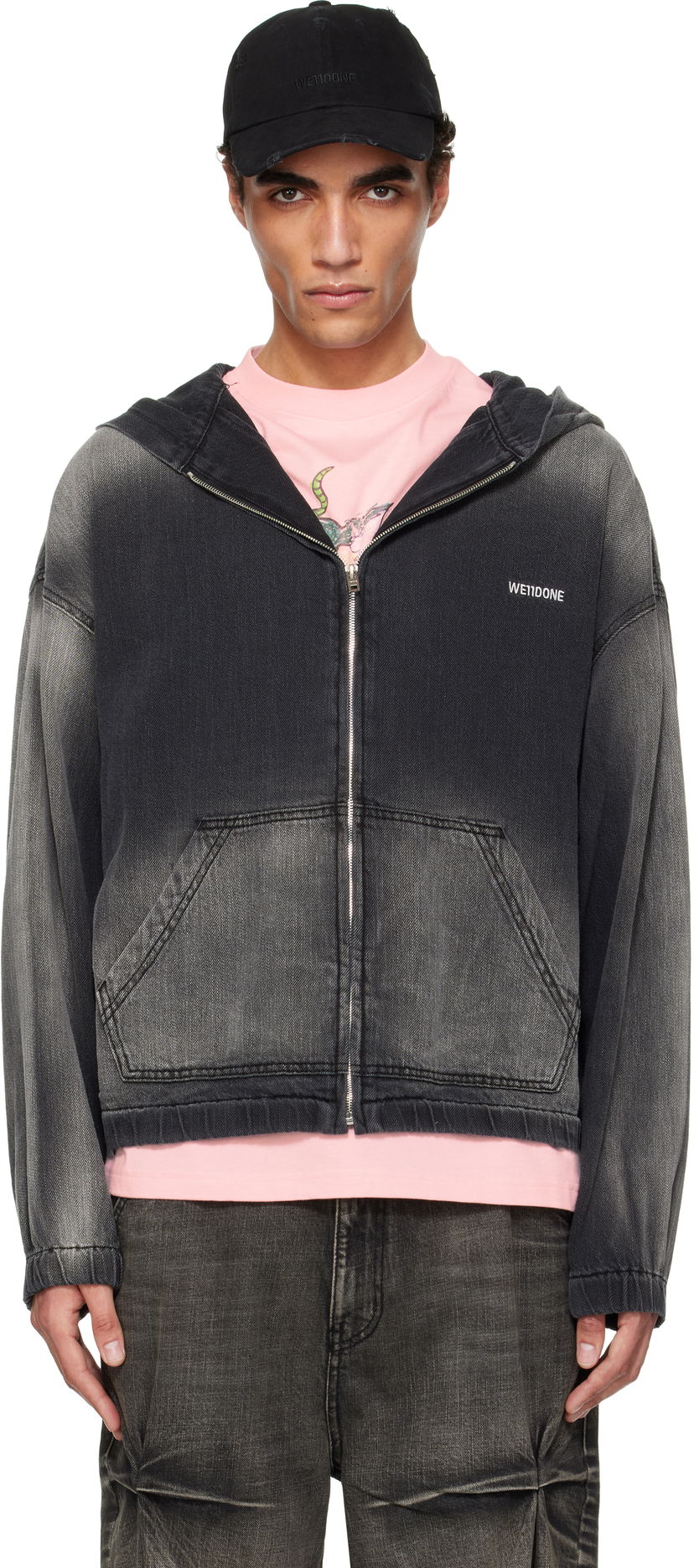 Pulover We11done We11done Zip-Up Denim Hoodie Siva | WD-DJ1-25-317-U-BK
