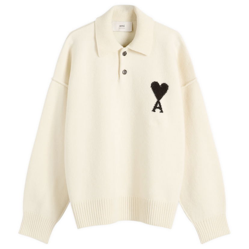 Pleteni pulover AMI Merino Wool Knit Polo, Size Large Bela | H25UPL409-018-151H25