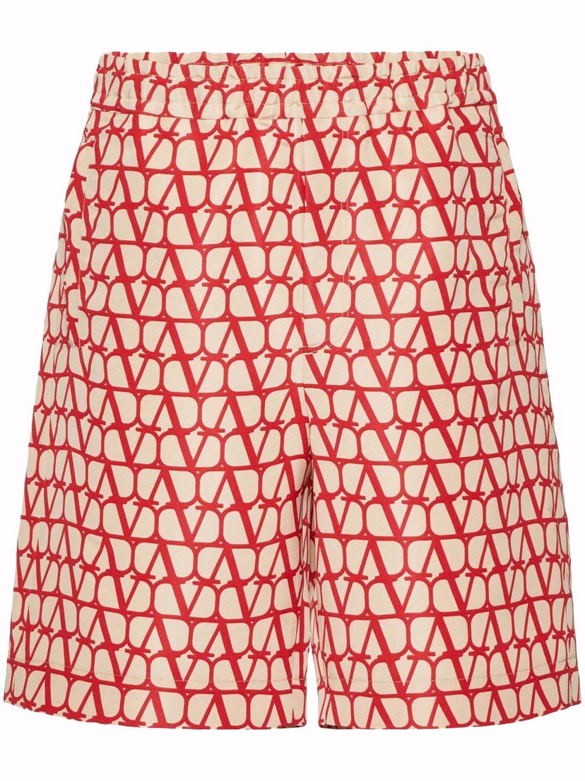 Kratke hlače Valentino Allover Logo Silk Bermuda Beige/Red Rdeča | VRDK219D0
