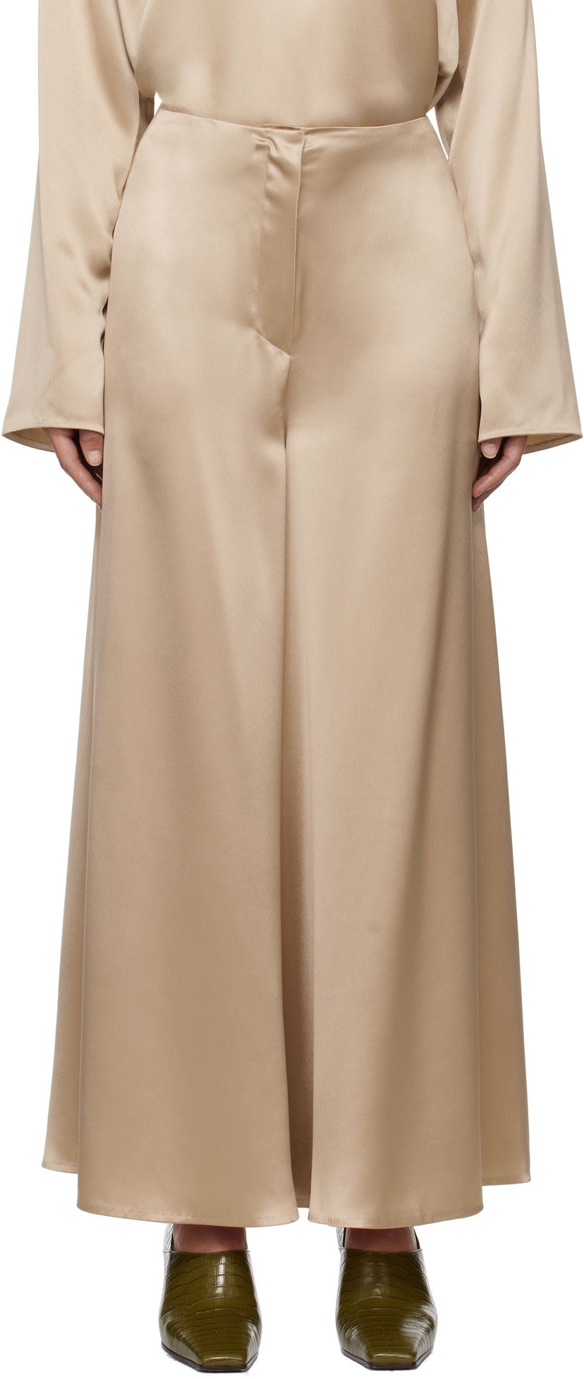 Hlače Nanushka Nanushka Zaniah Satin Wide-Leg Trousers Bež | NW25RSPA02872