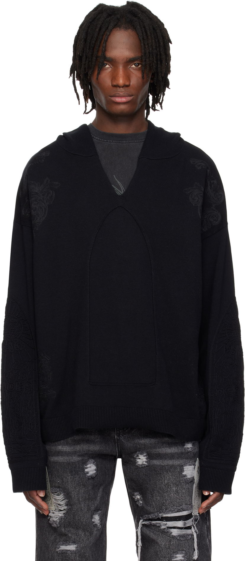 Pleteni pulover Who Decides War Who Decides War Whim Embroidered Hoodie Črna | 1110630002SS25