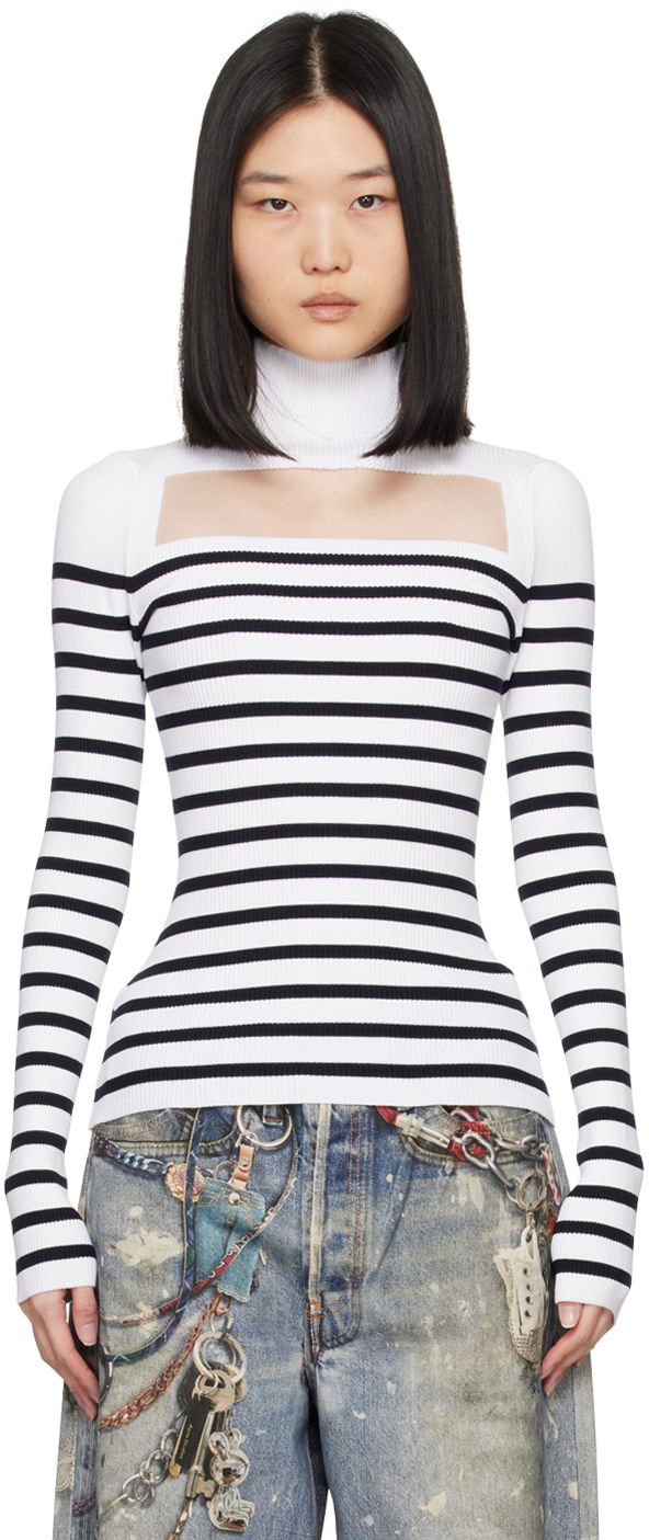 Pleteni pulover Jean Paul Gaultier Jean Paul Gaultier Striped Turtleneck Bela | 24/30-F-PL066-M063-0159