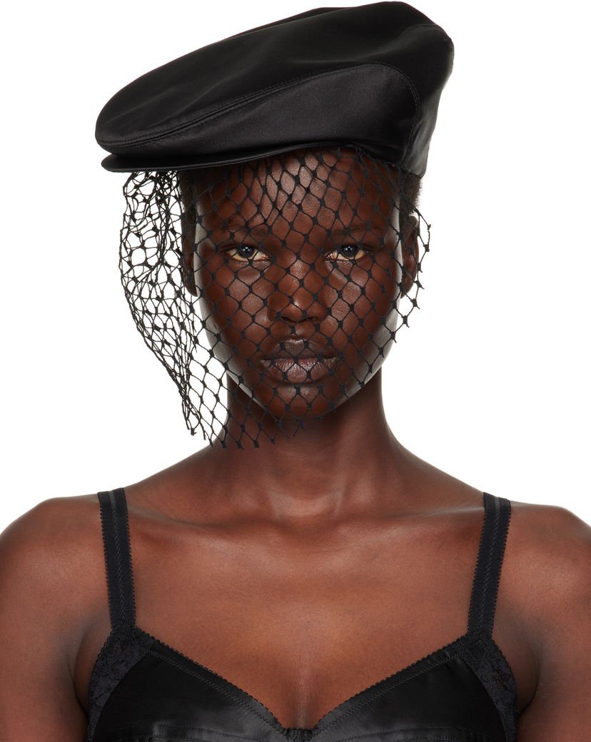 Baretka Dolce & Gabbana Silk Satin Flat Cap with Veil Črna | FH664A GDCRR