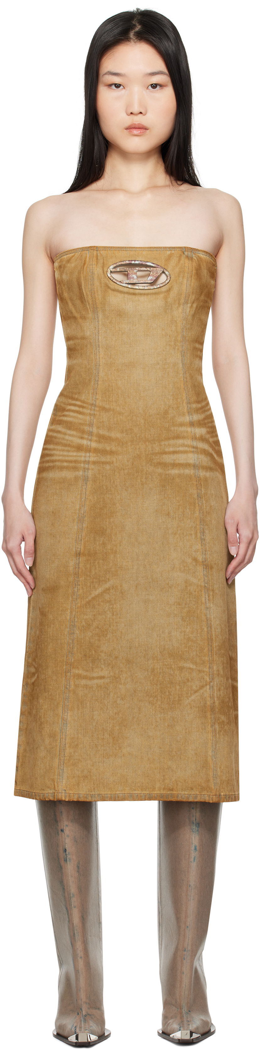 Obleke Diesel Denim Midi Tube Dress Rjava | A15899 0AJET