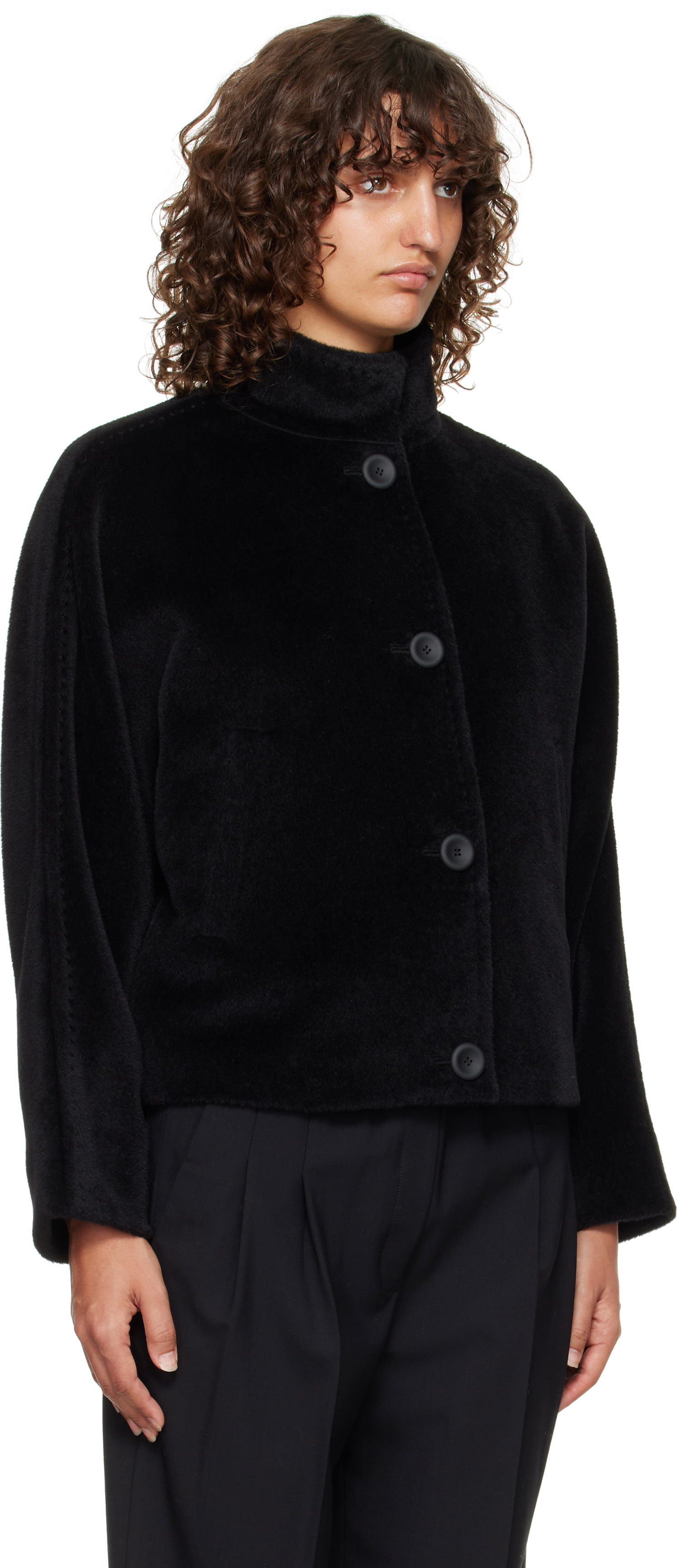 Jakna Max Mara Caladio Cropped Textured High Neck Button-Up Jacket Črna | 2526086091600, 1