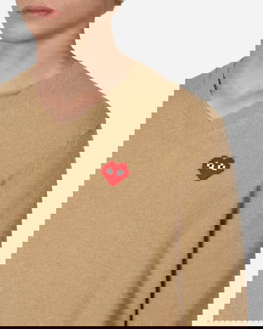 Pleteni pulover Comme des Garçons Invader Heart V-Neck Sweater Bež | P1N082 1, 5