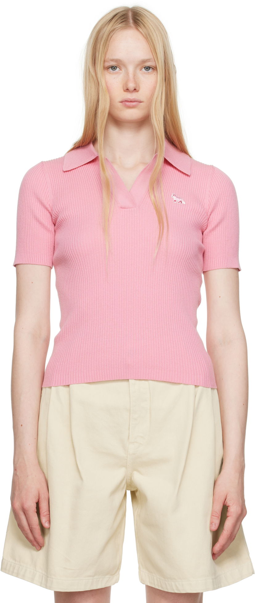 Polo majica MAISON KITSUNÉ Maison Kitsuné Baby Fox Patch Fine Ribbed Polo Roza | OW00201KT1091