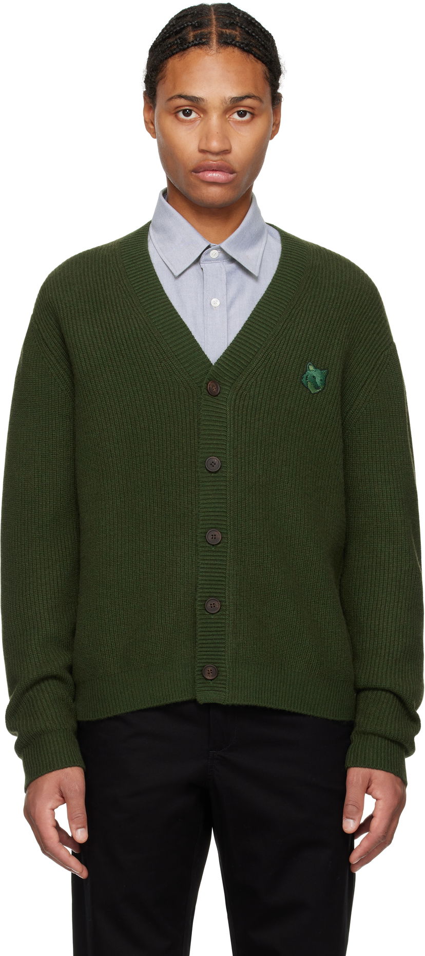 Pleteni pulover MAISON KITSUNÉ Ribbed Cardigan With Logo Patch Zelena | NM00501KT1093