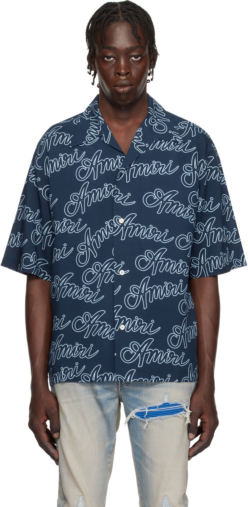 Srajce AMIRI Script Print Bowling Shirt Modra | AMSTCA1081