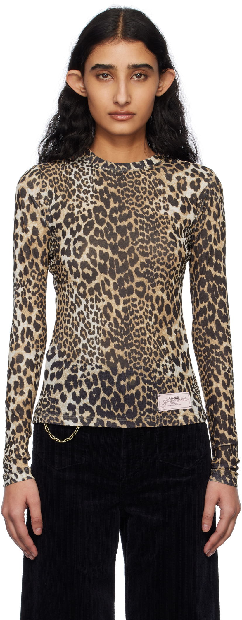 Majica GANNI GANNI Leopard Print Long Sleeve T-Shirt Bež | T4208