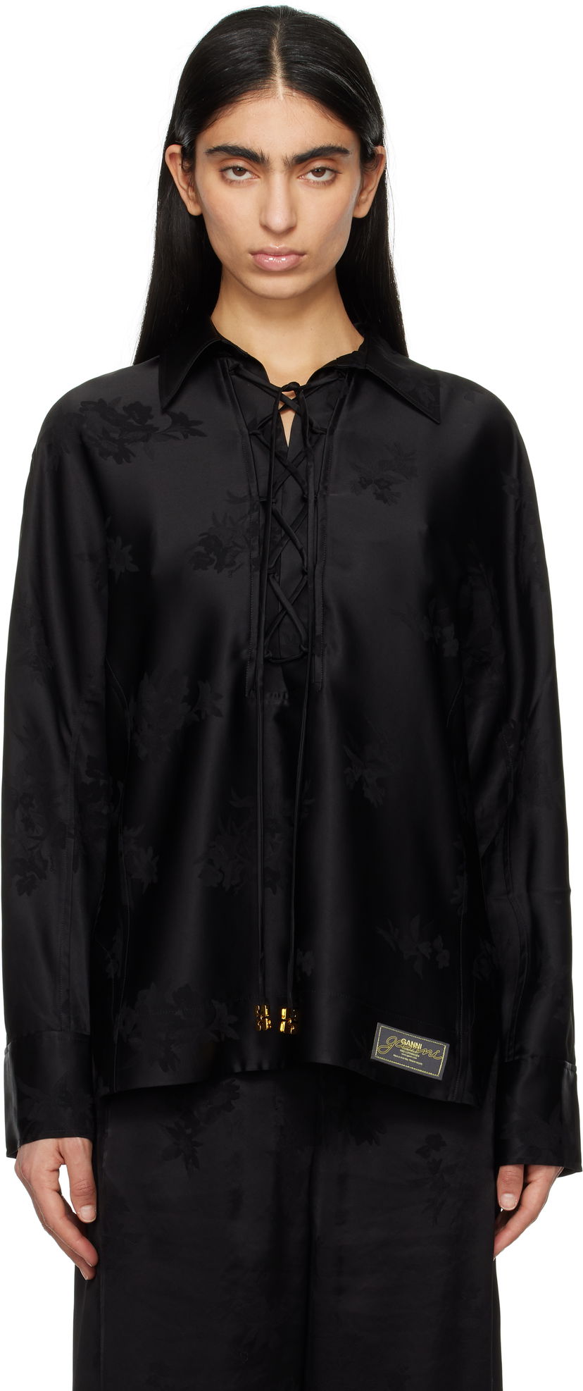 Srajce GANNI GANNI Satin Jacquard Tie-String Shirt Črna | W0359