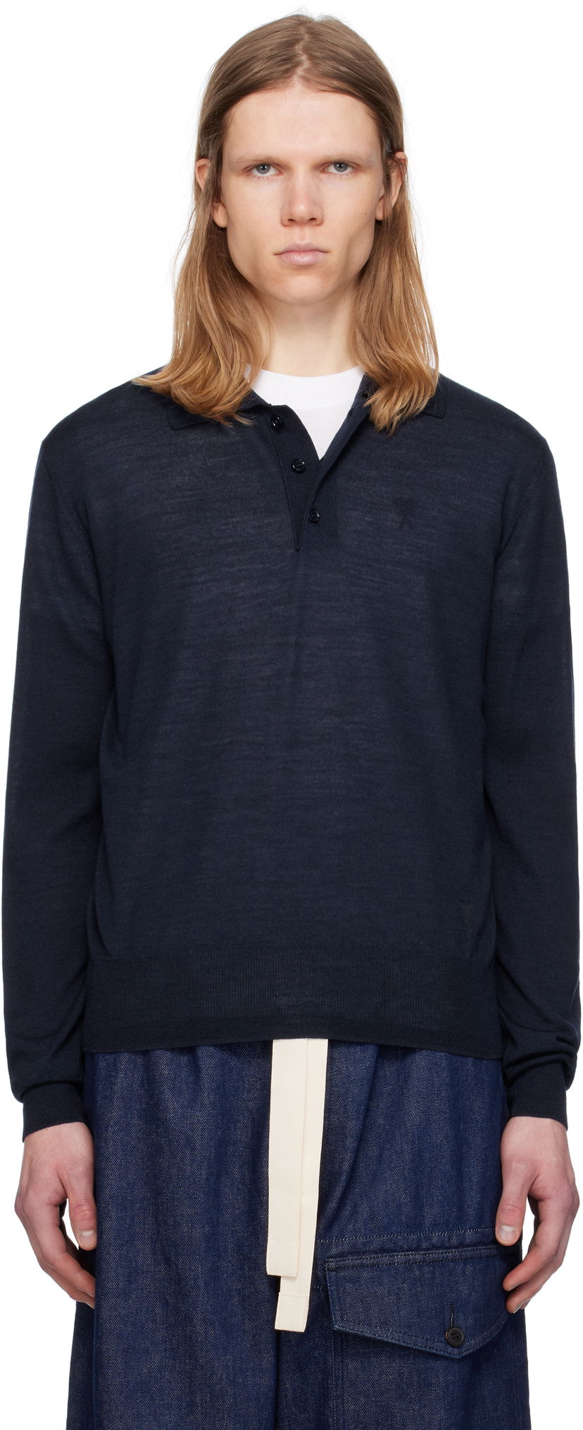 Pleteni pulover AMI AMI Paris Tonal De Coeur Polo Mornarica | HPL366.KN0066