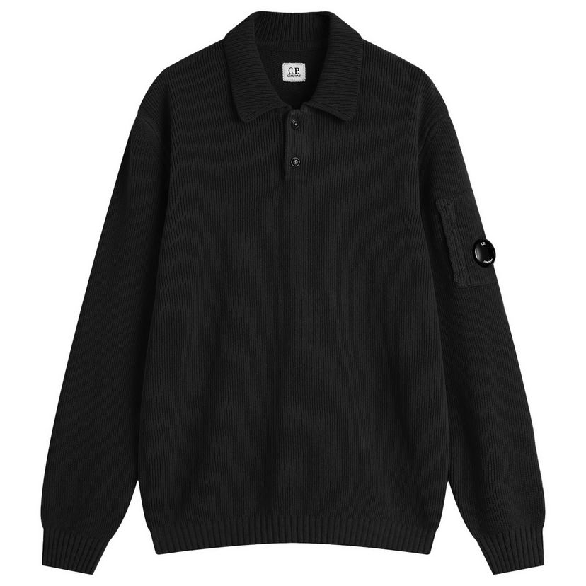 Pleteni pulover C.P. Company C.P. Company Chenille Ribbed Knit Polo, Size Large Črna | 19CMKN021A-005558G-999