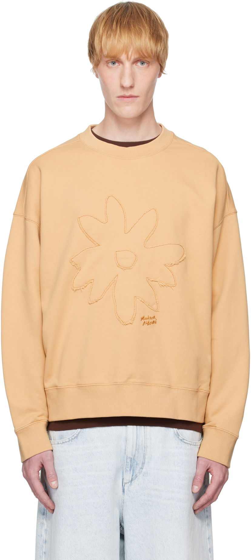 Pleteni pulover MAISON KITSUNÉ Maison Kitsuné Crafted Daisy Oversize Sweatshirt Bež | OM00306KM0001