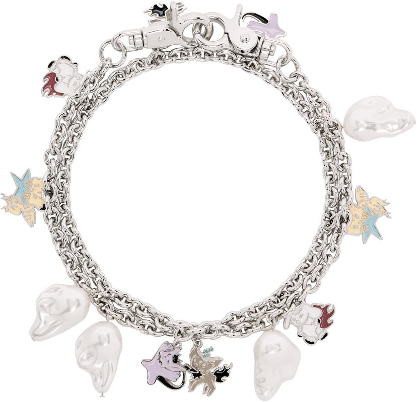 Zapestnica We11done We11done Silver-Tone Monster & Pearl Charm Bracelet Kovinski | WD-AJ2-25-540-U-SV