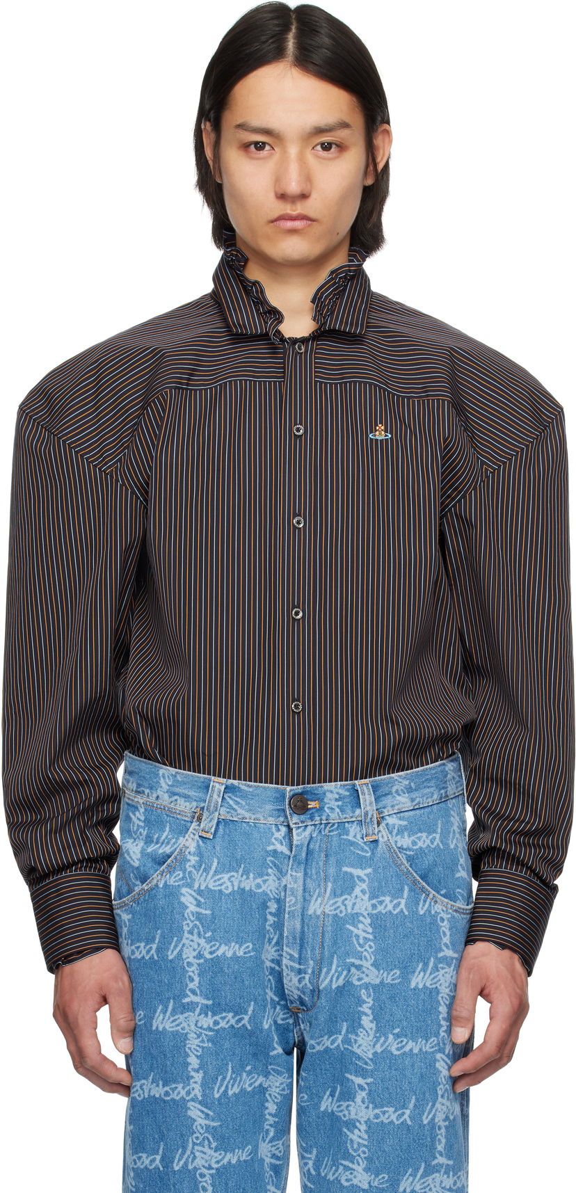 Srajce Vivienne Westwood Vivienne Westwood Pinstripe Frilly Football Shirt Večbarvna | 3501001Y-W0127-