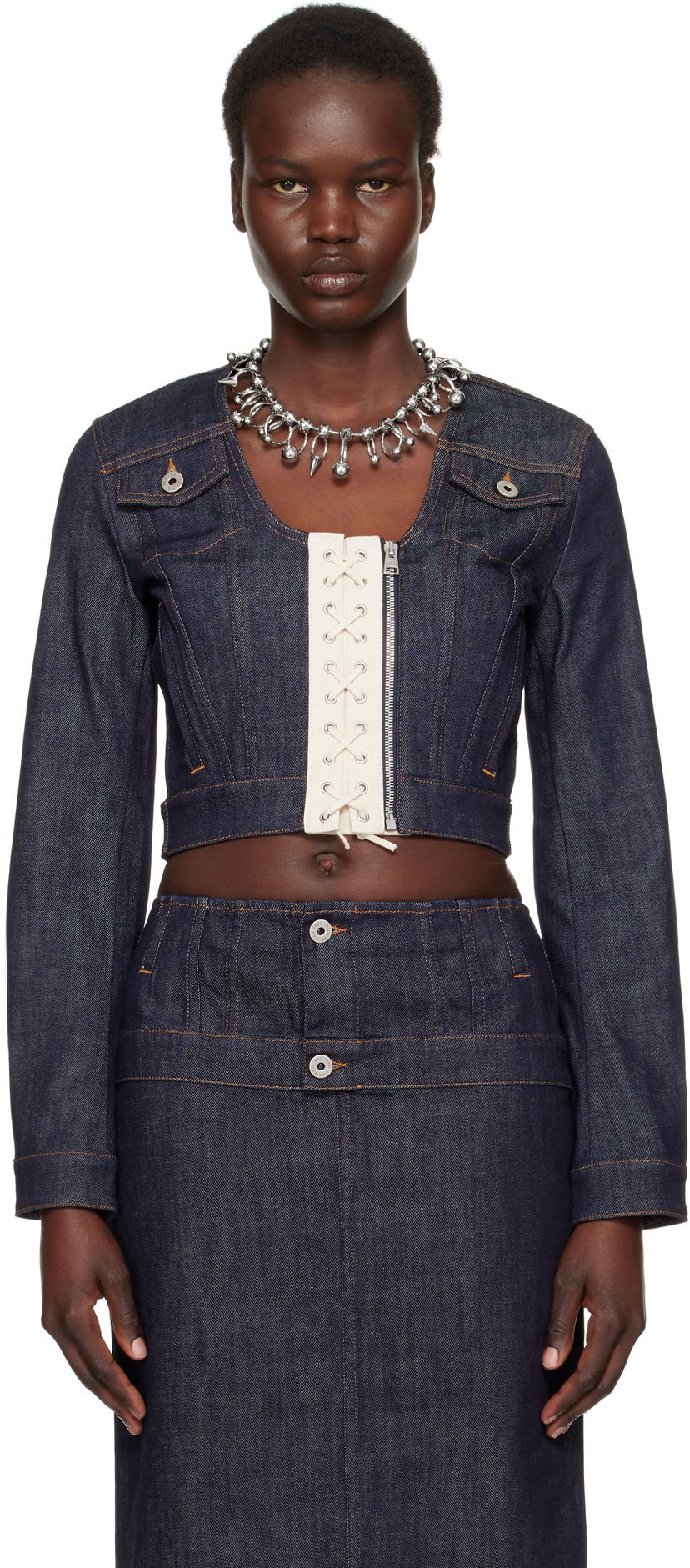 Jakna Jean Paul Gaultier Jean Paul Gaultier 'The Contrasting Lace-Up' Cropped Denim Jacket Modra | 25/33-F-VE085-D019-5568
