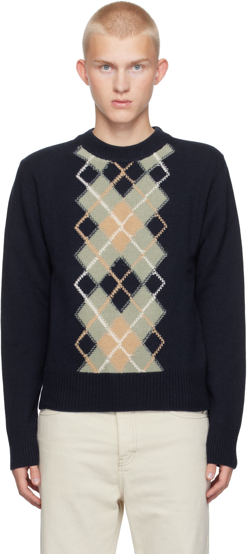 Pleteni pulover AMI Argyle Crew Neck Sweater Črna | HKS044.KN0057