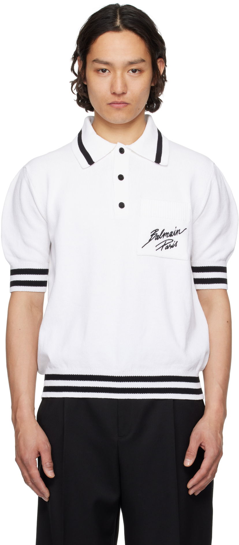 Polo majica Balmain Balmain Logo Knit Polo Bela | EH0GB046KI49