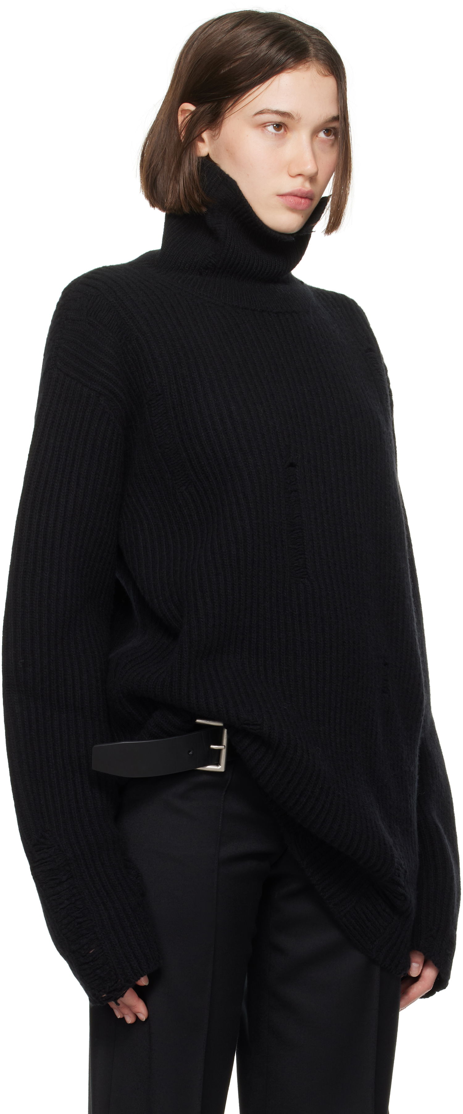 Pleteni pulover Ann Demeulemeester Oversized Distressed Turtleneck Sweater Črna | 2402-W-KN32-KN048-099, 1