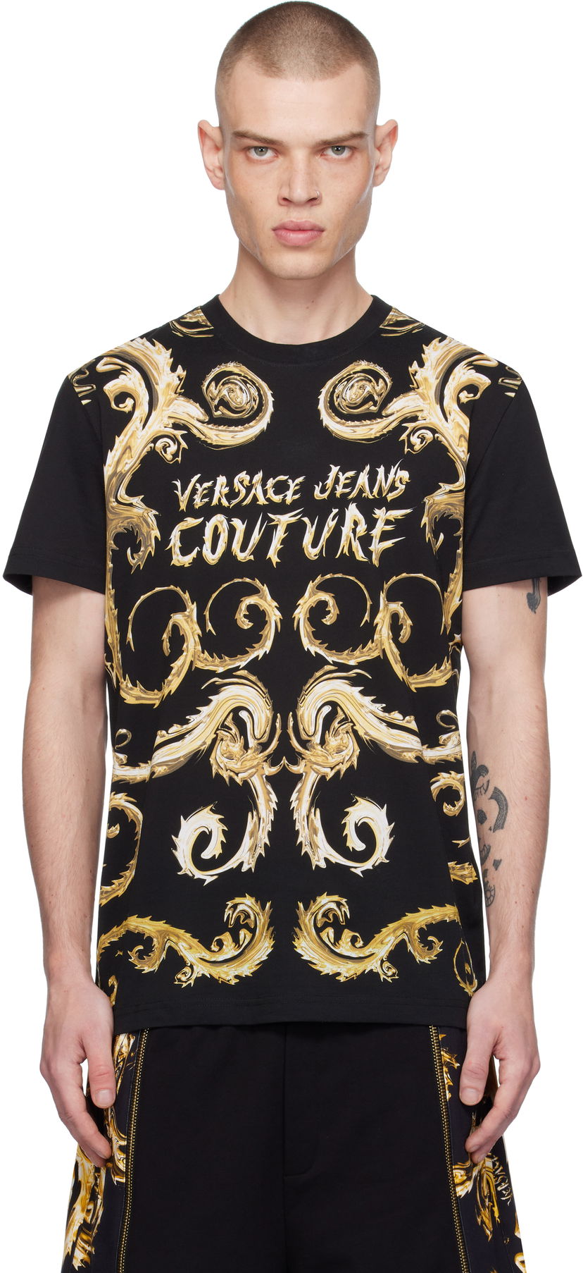 Majica Versace Slim-Fit T-Shirt with Golden Print Črna | E77GAH6SC_EJS379
