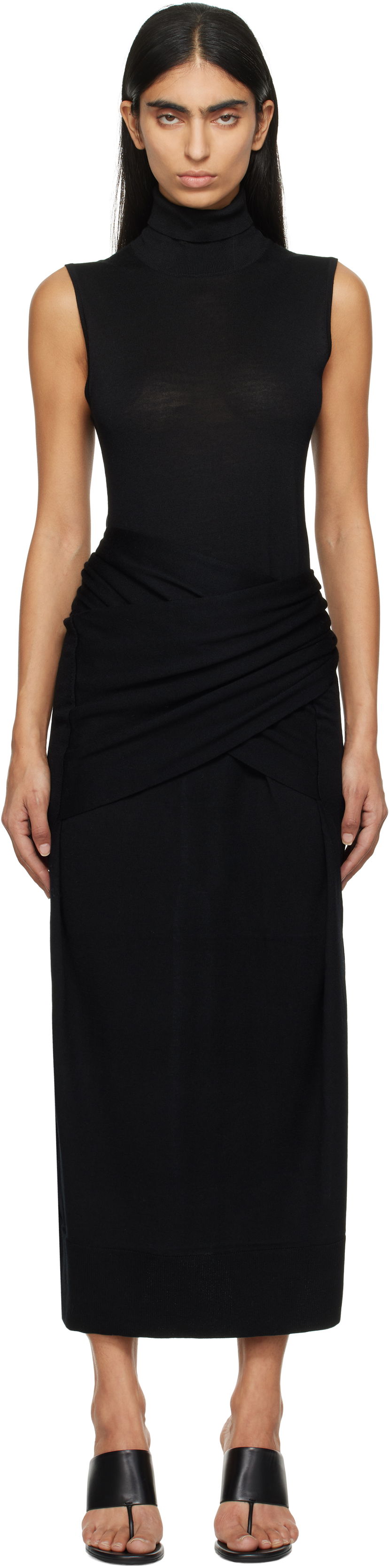 Obleke TOTEME TOTEME Draped Knit Midi Dress Črna | 244-WRD0150-YA0087