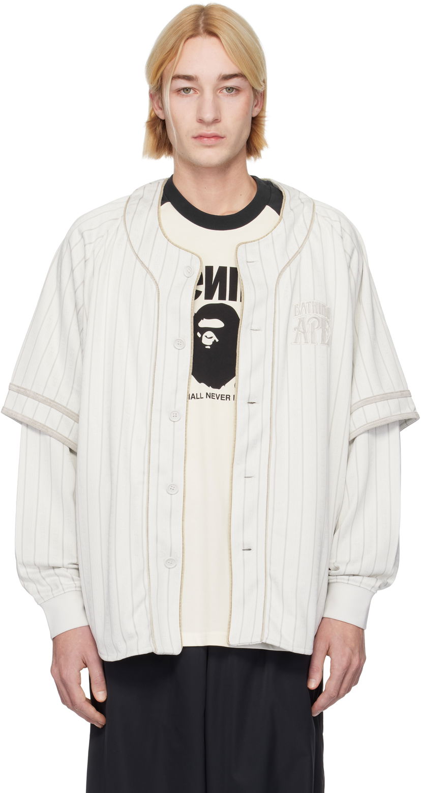Srajce BAPE Striped Long Sleeve Baseball Shirt Bela | 001SHK801303M