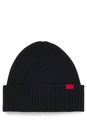 Beanie BOSS Virgin-Wool Ribbed Beanie with Logo Label Črna | 50524570, 0