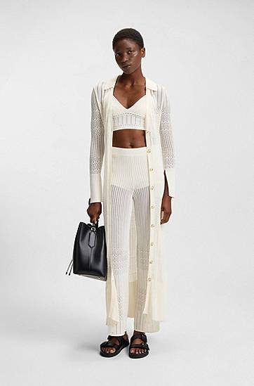 Hlače BOSS Stretch Knitted Trousers with Mixed Structures Bela | 50535496, 1