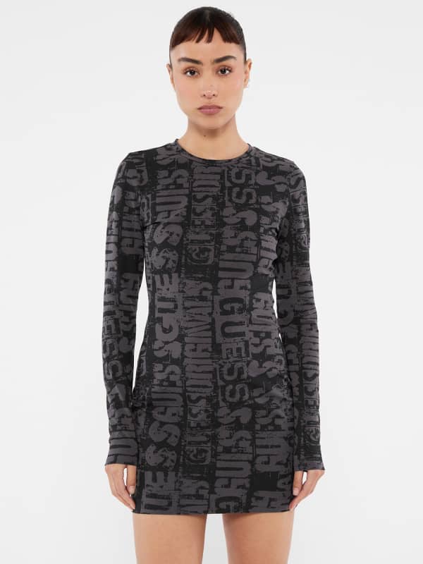 Obleke GUESS Printed Long Sleeve Mini Dress Črna | W5RK78K1D80