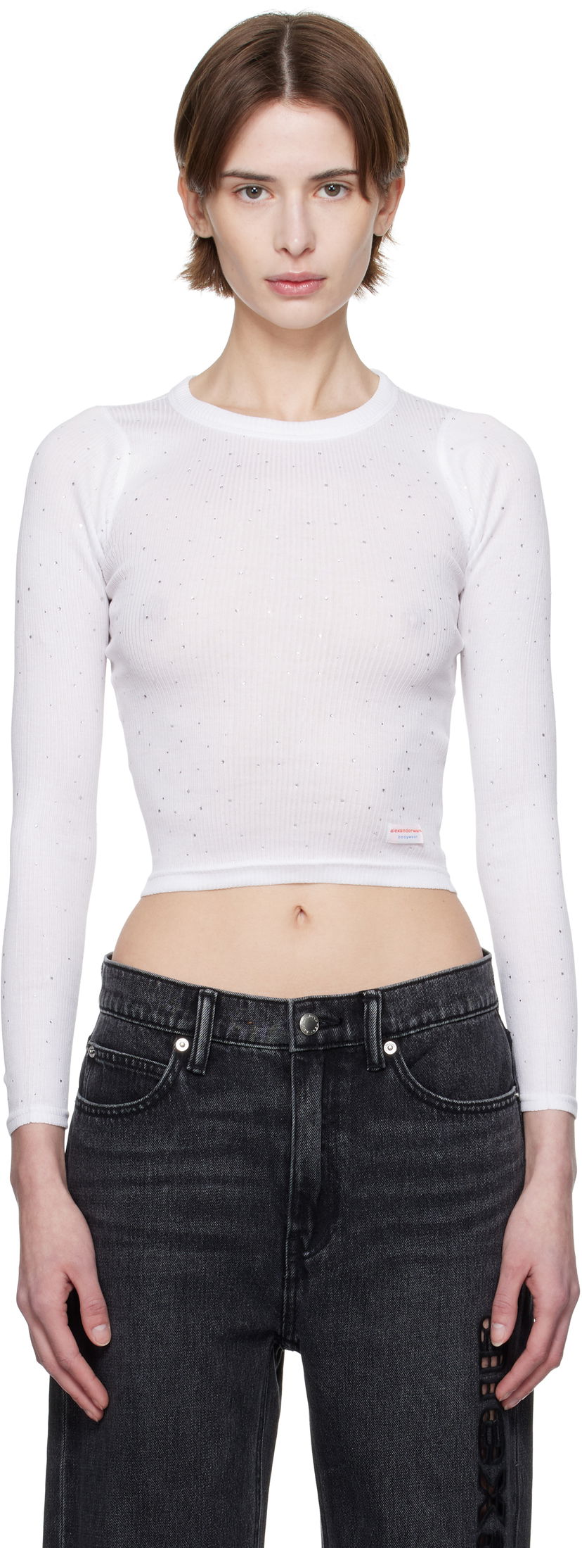 Krop-top Alexander Wang Alexander Wang Crystal Long Sleeve T-Shirt Bela | WL003AT