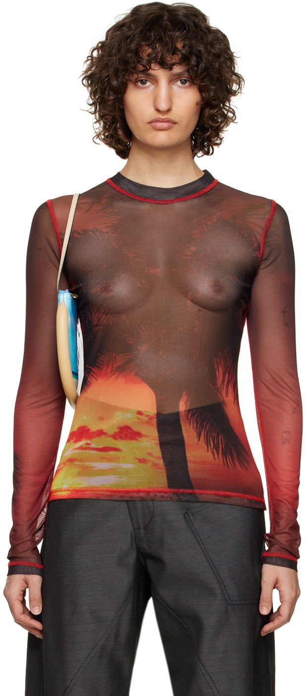 Majica JW Anderson JW Anderson Sunset Palm Sheer Long Sleeve T-Shirt Rdeča | JO0138-PG1266, 0