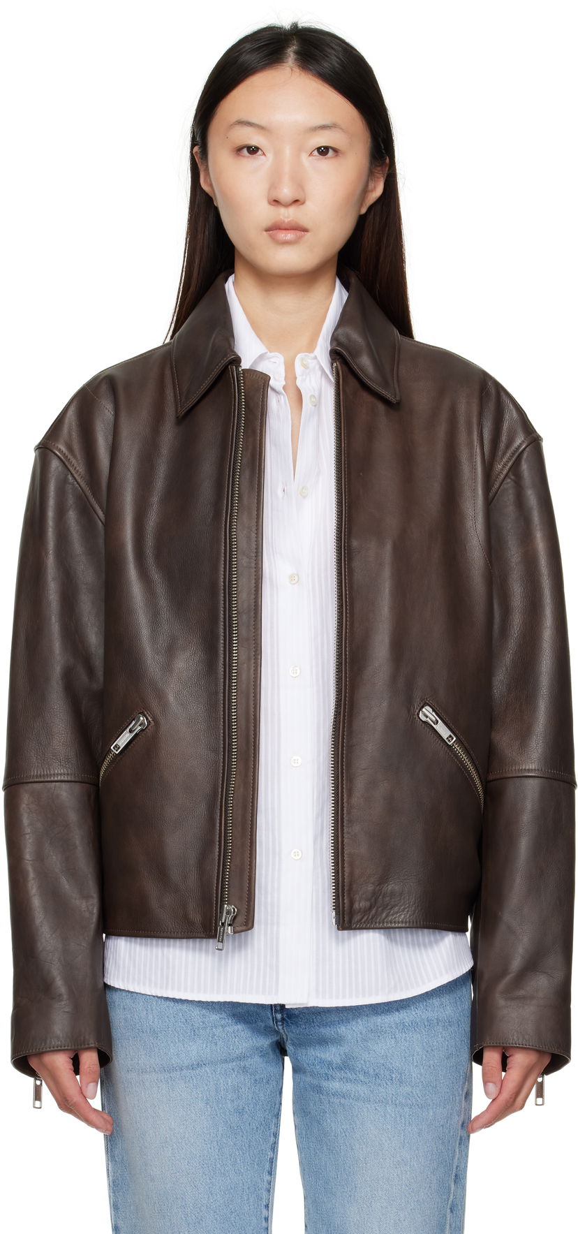 Jakna CALVIN KLEIN Calvin Klein Distressed Leather Biker Jacket Rjava | 81B530G