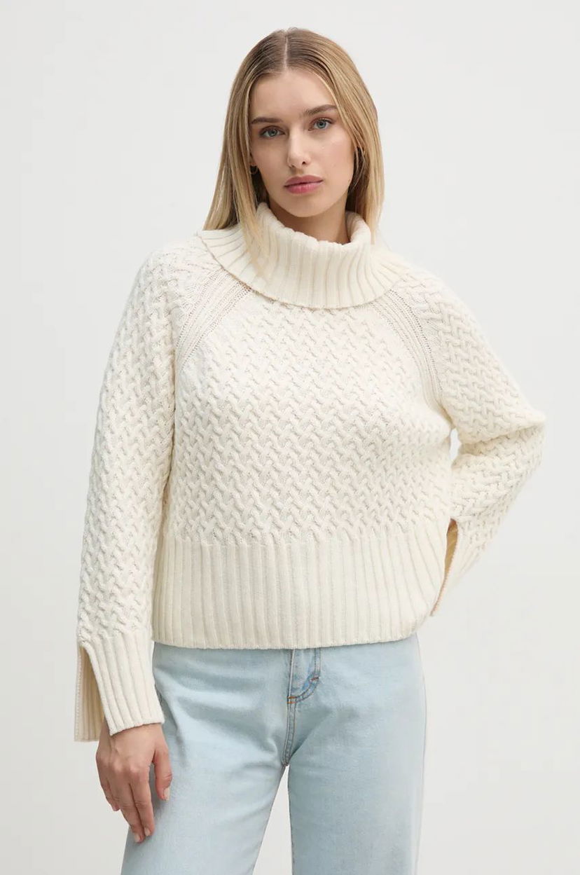 Pleteni pulover Barbour Turtleneck Cable Knitted Sweater Bela | LKN1589