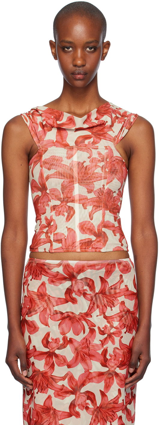 Majica brez rokavov Miaou Miaou Magda Floral Corset Top Rdeča | 7090PM1OAL