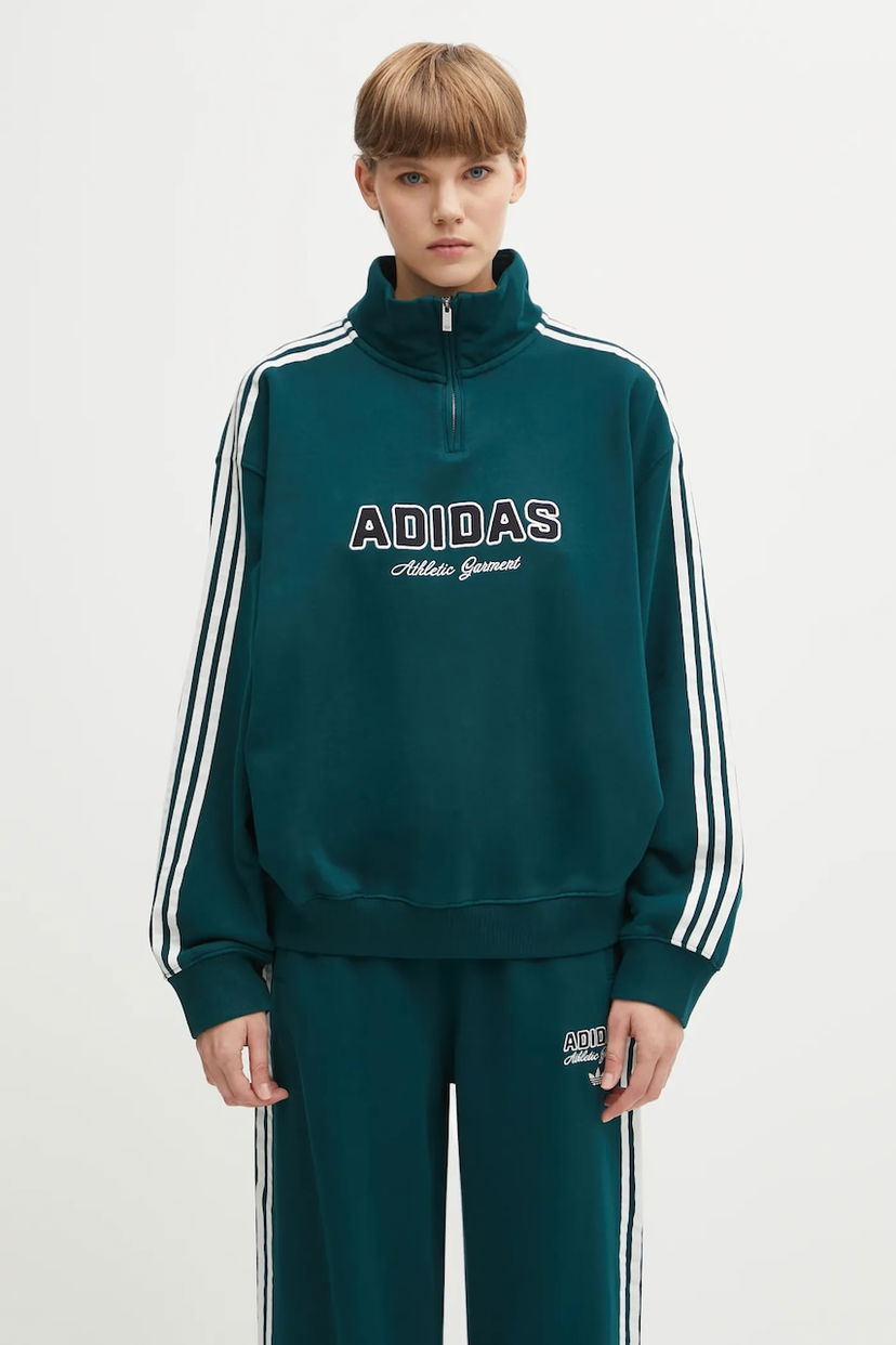 Pulover adidas Originals Originals Quarter Zip Sweatshirt with Three Stripes and Printed Logo Zelena | KF2309