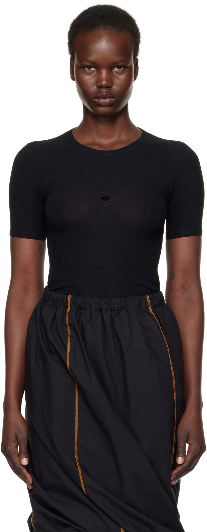 Majica Baserange Heart Cutout Ribbed T-Shirt Črna | TOHS-RB-000