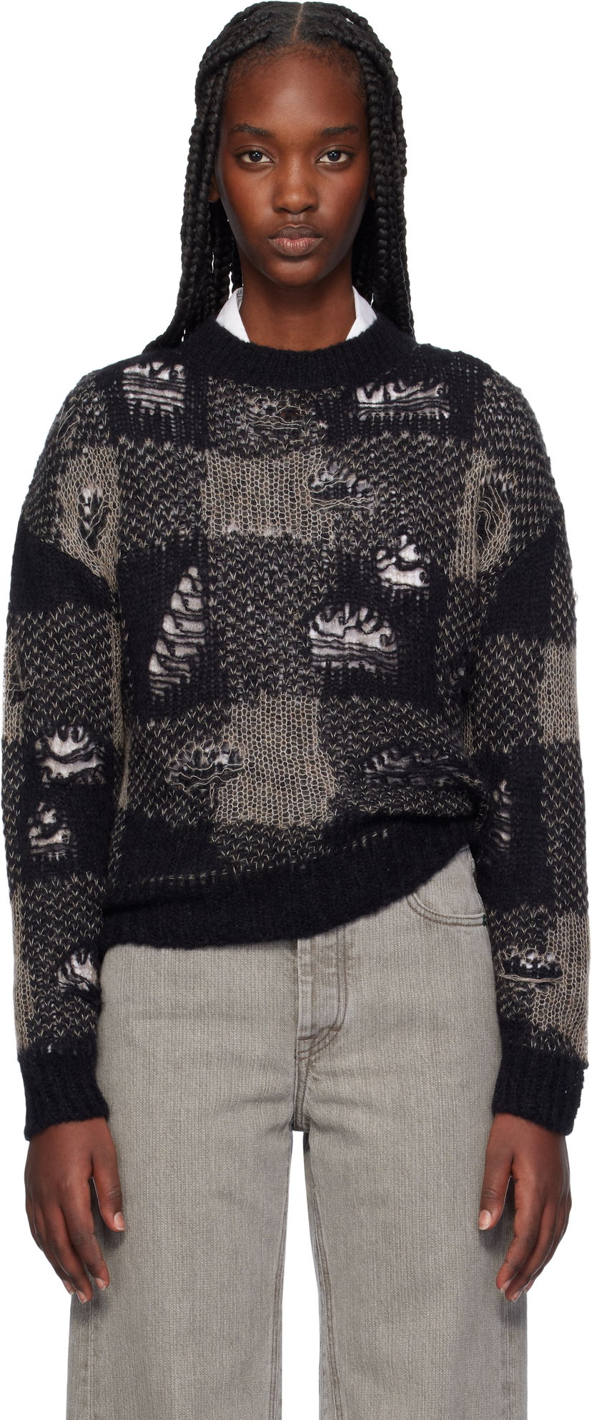 Pleteni pulover OUR LEGACY Sonar Distressed Roundneck Sweater Črna | W4243SBD