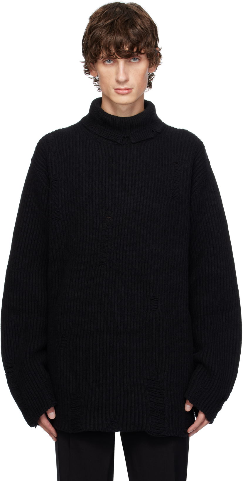 Pleteni pulover Ann Demeulemeester Ann Demeulemeester Jensen Distressed Turtleneck Sweater Črna | 2402-M-KN32-KN048-099