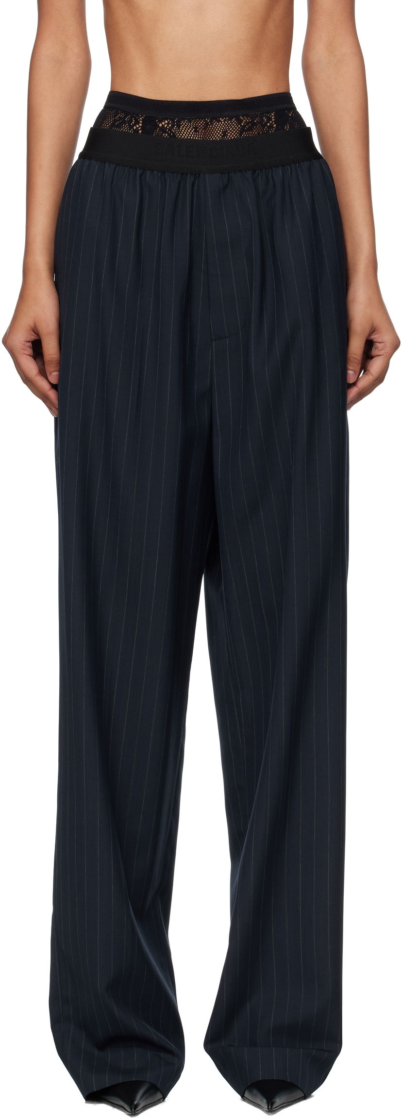 Hlače Balenciaga Balenciaga Pinstripe Elastic Trousers Mornarica | 790887TST24