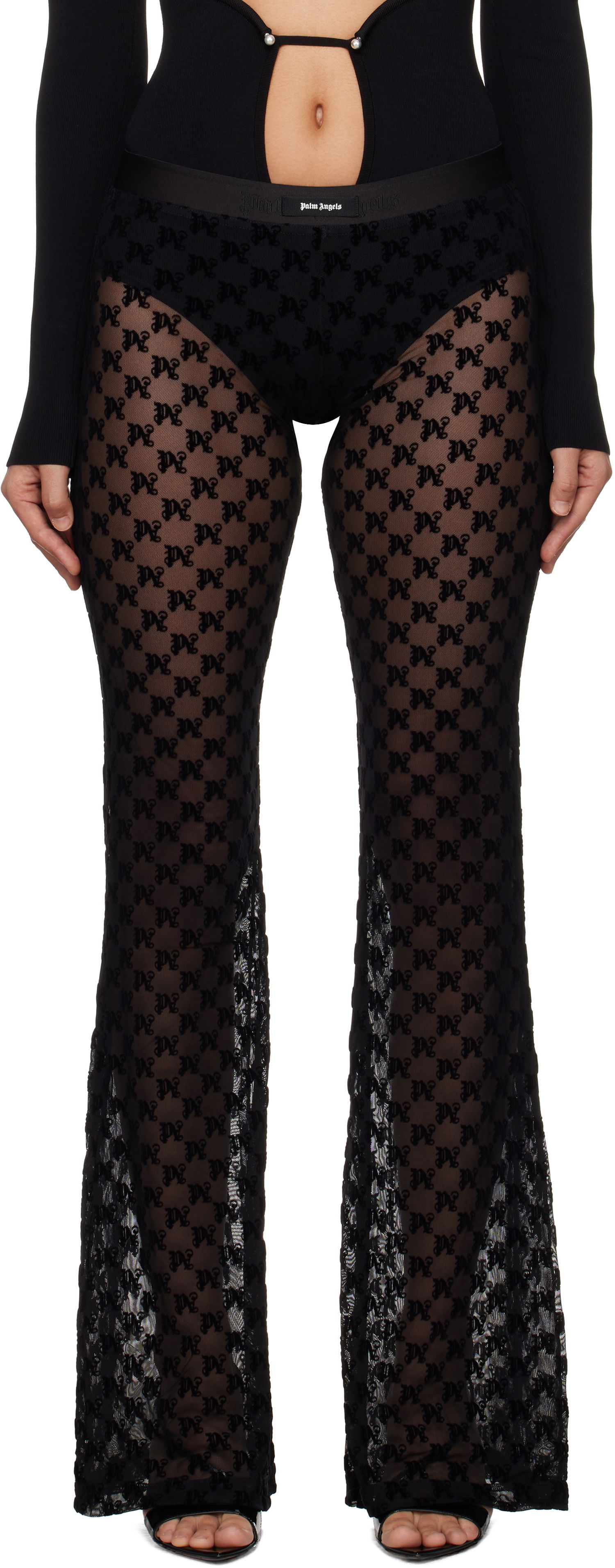 Hlače Palm Angels Monogram Tulle Trousers Črna | PWCA101F24FAB0011010, 0