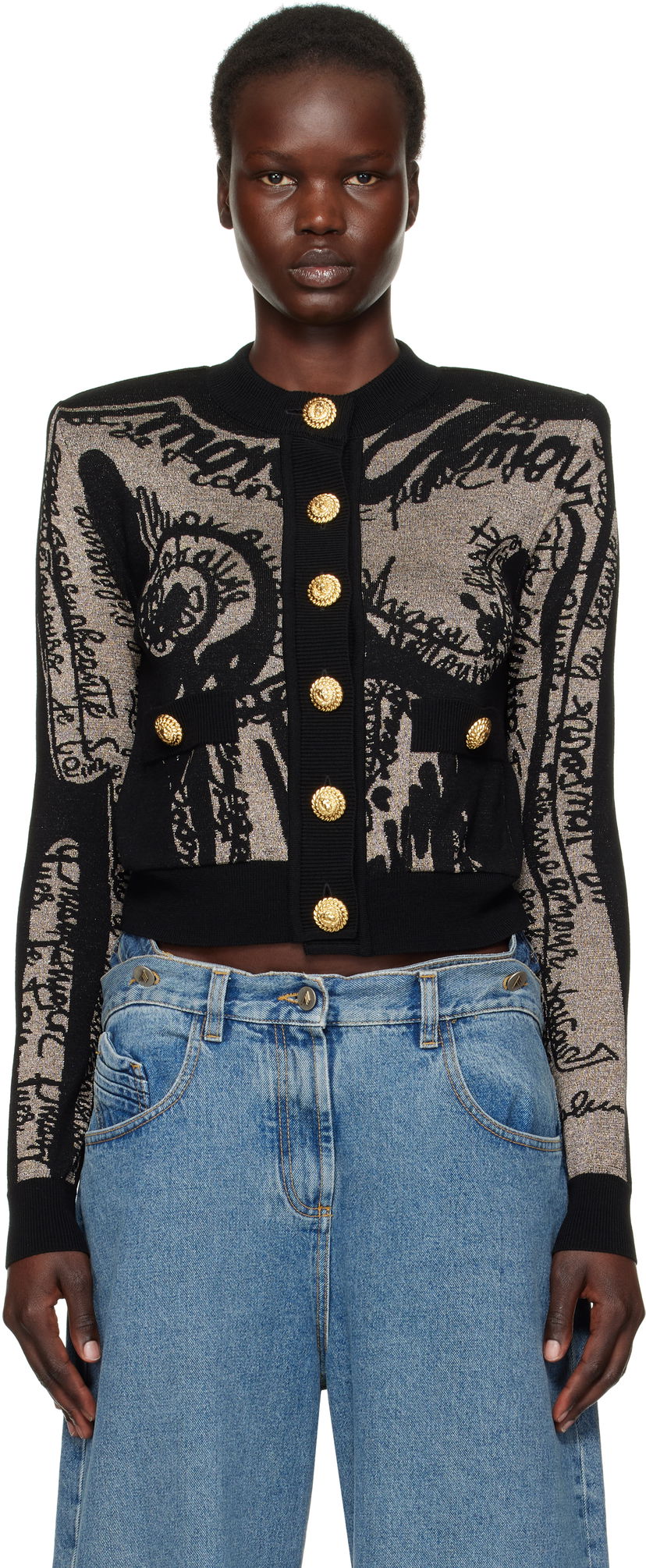 Pleteni pulover Balmain Balmain Jacquard Knit Cardigan with Body Motif Črna | EF1KL133KH93