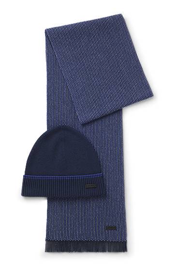 Oblačila in dodatki BOSS Knitted wool-cotton patterned scarf and ribbed beanie hat gift set Mornarica | 50548858