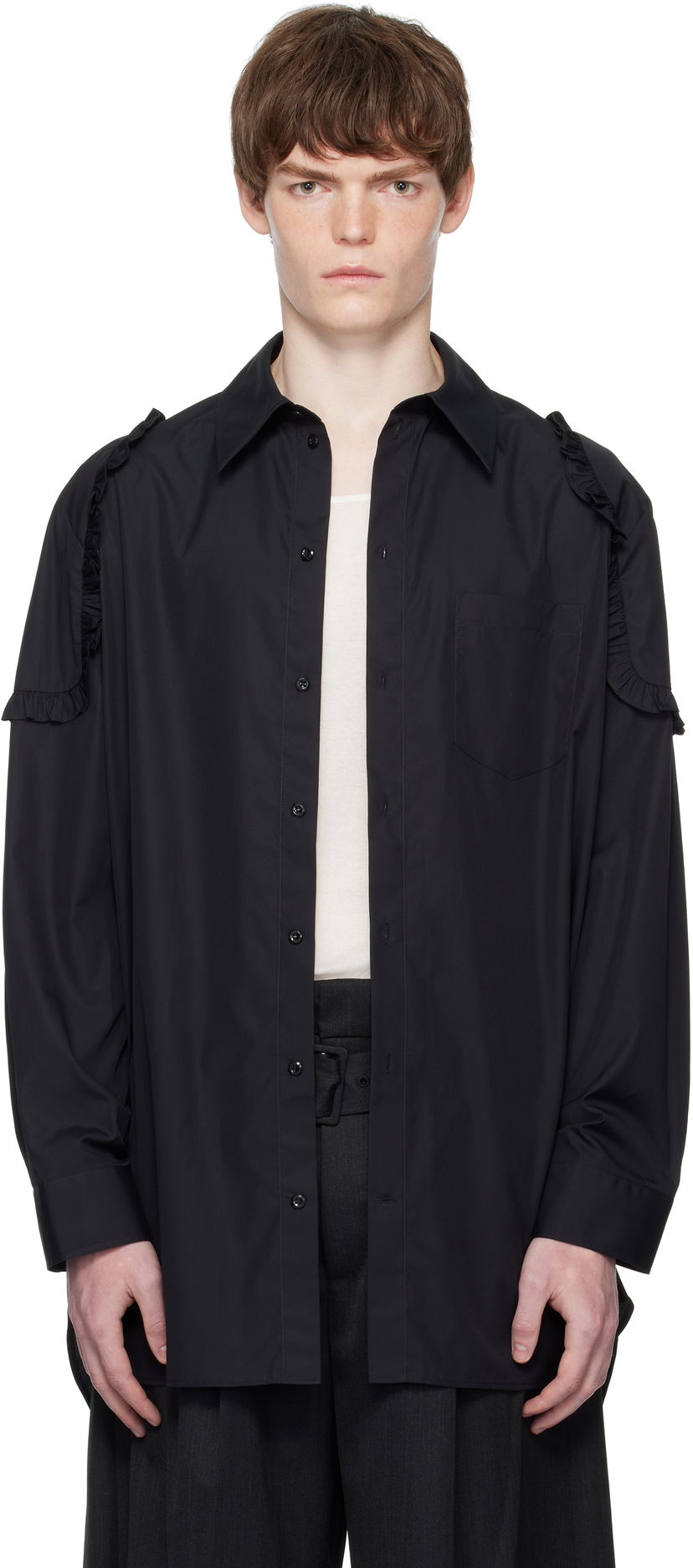 Srajce Simone Rocha Simone Rocha Ruffle Shoulder Patch Tunic Shirt Črna | 5383 1025