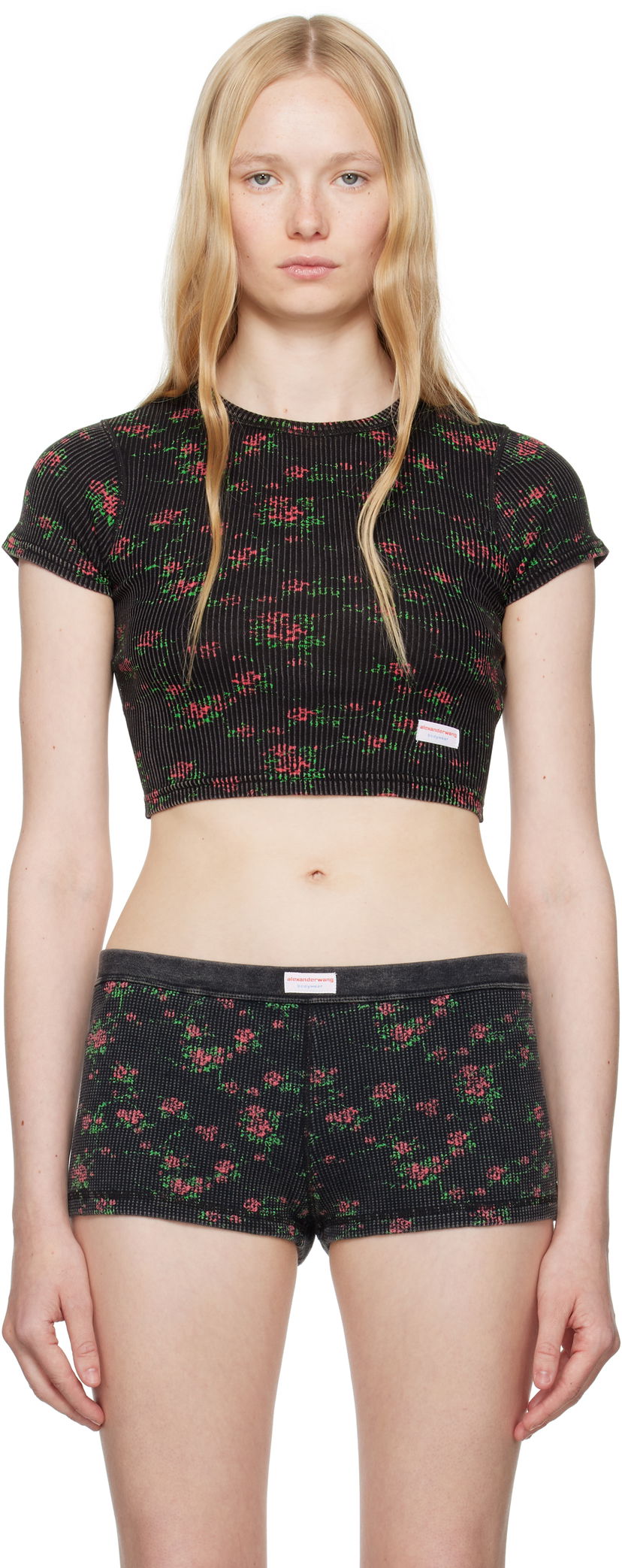 Spodnjice Alexander Wang Alexander Wang Floral-Print Ribbed Baby T-shirt Črna | 8C2238046P