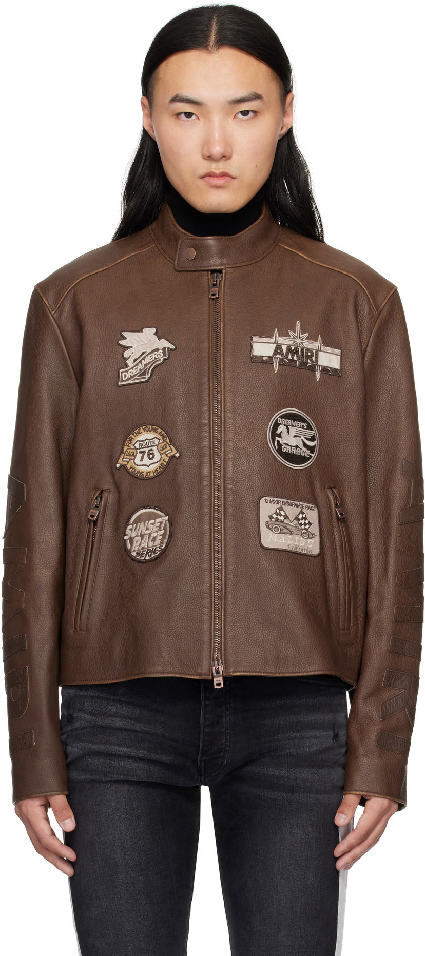 Bomber jakna AMIRI AMIRI Patch Racer Leather Jacket Rjava | AMLTJT1021
