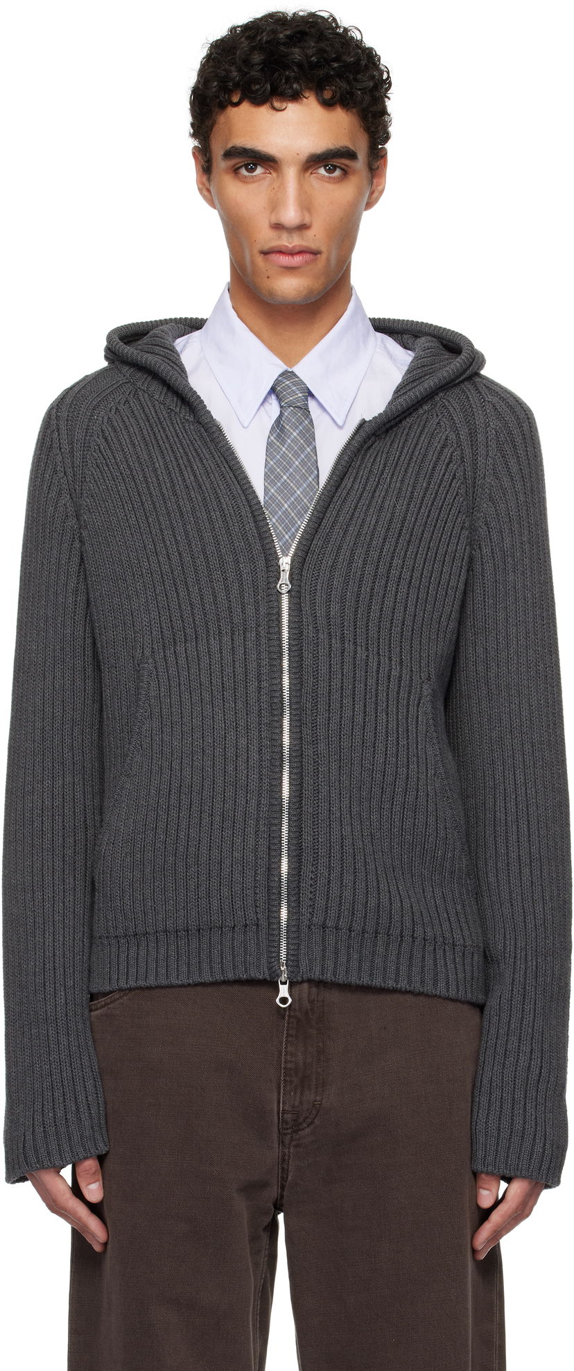 Pleteni pulover OUR LEGACY OUR LEGACY Level Zip-Up Knit Hoodie Siva | M2253LD