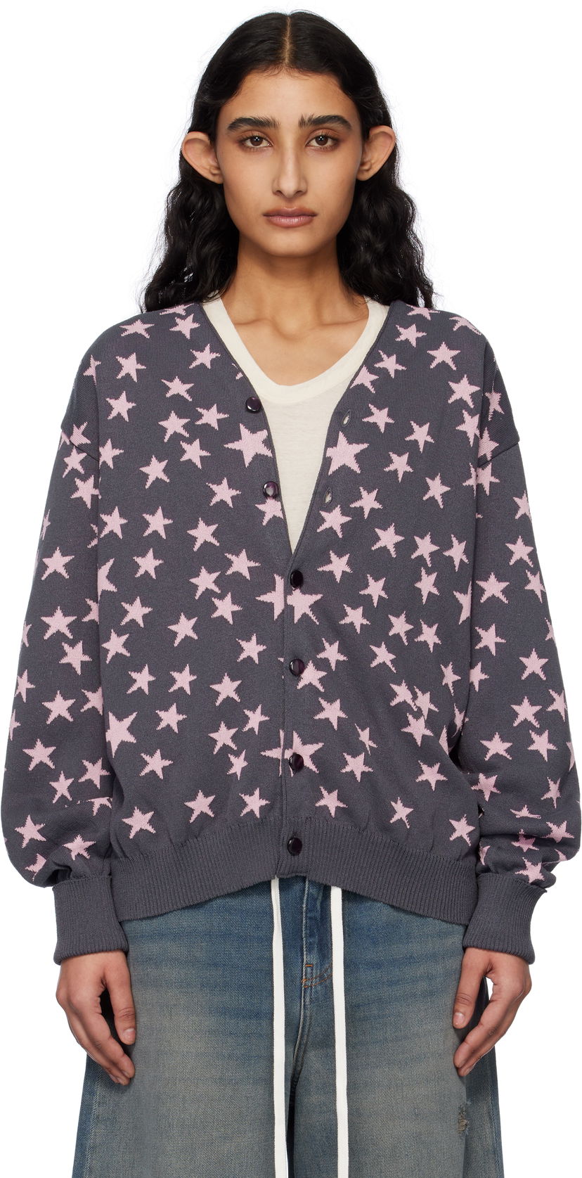 Pleteni pulover Needles NEEDLES V-Neck Star Cardigan Siva | QV374