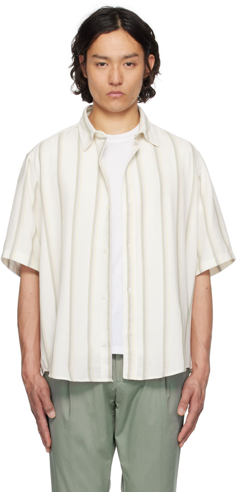 Srajce BOSS Hugo Loose-Fit Striped Open-Weave Shirt Bež | 50539341